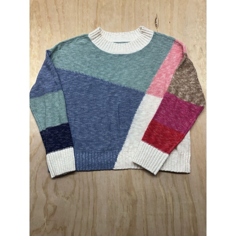 NIC+ZOE Colorblock Mix Sweater M Crew‎ Neck Multi Color Knit Quiet Luxury Preppy